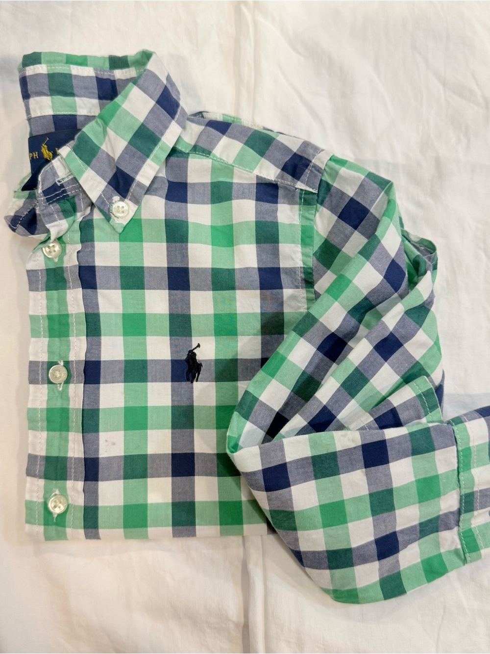 Ralph Lauren Green Navy & White Gingham Button-Down Shirt - Kids